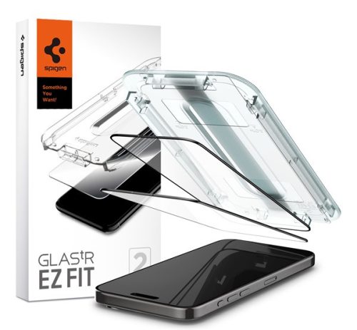 Spigen Glas.tR EZ Fit Apple iPhone 15 Pro, tempered kijelzővédő fólia felhelyező kerettel, fekete (2db)